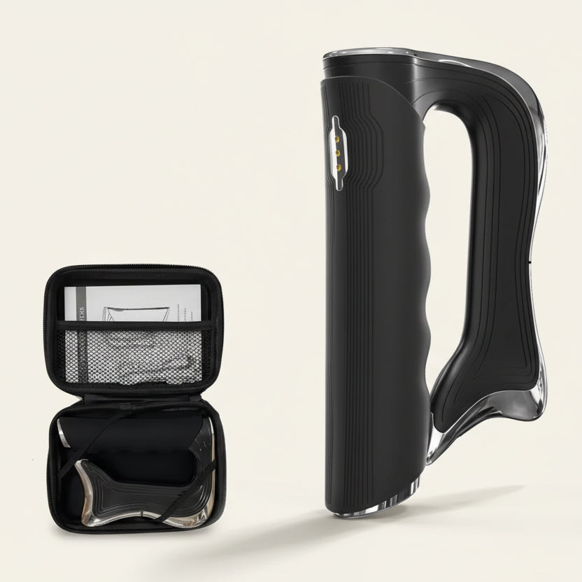 Black handheld device with a case containing additional components on a white background