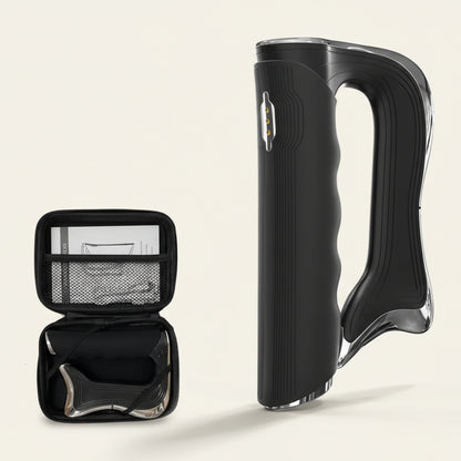 Black handheld device with a case containing additional components on a white background